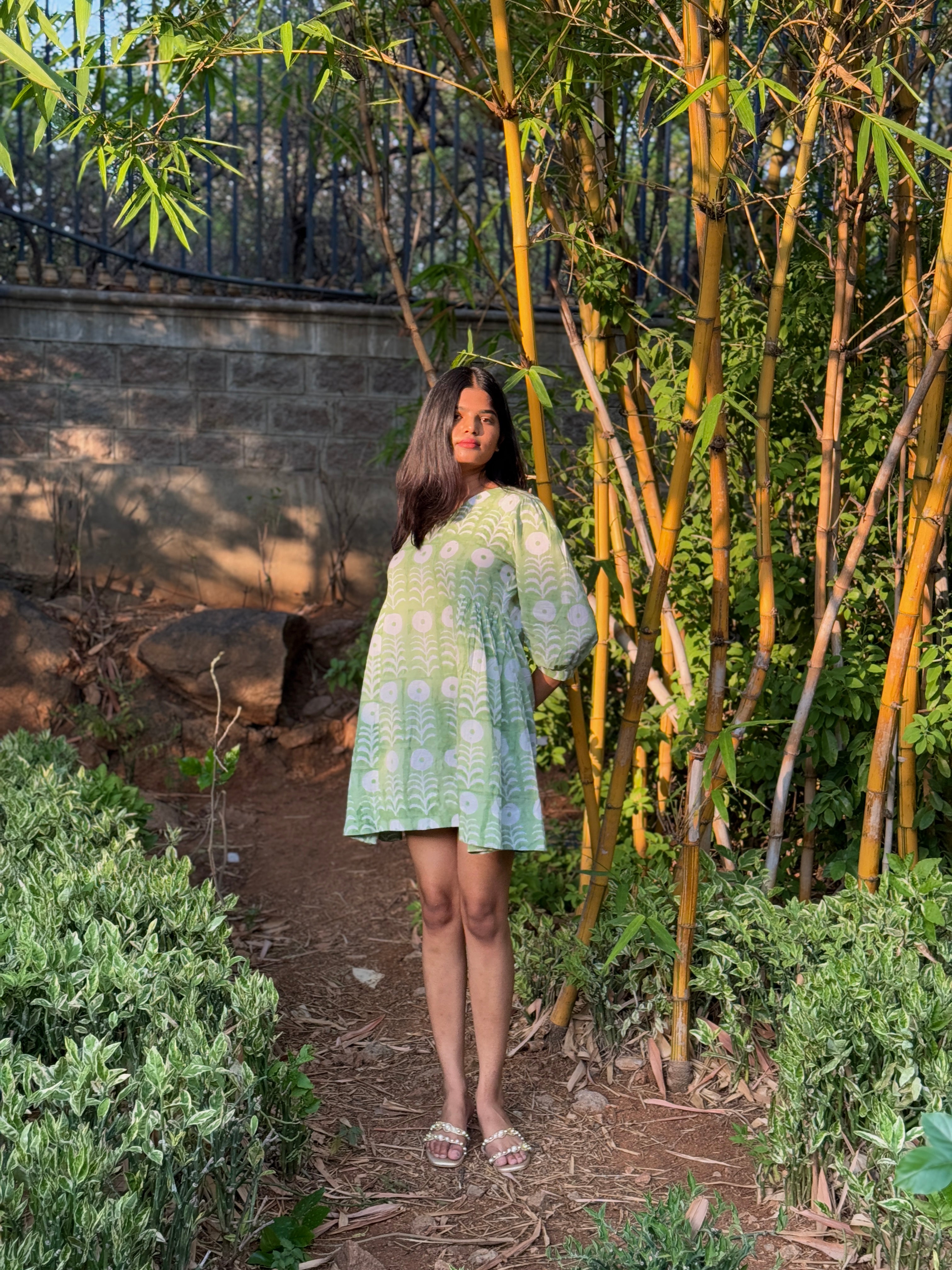 green hand block printed dress