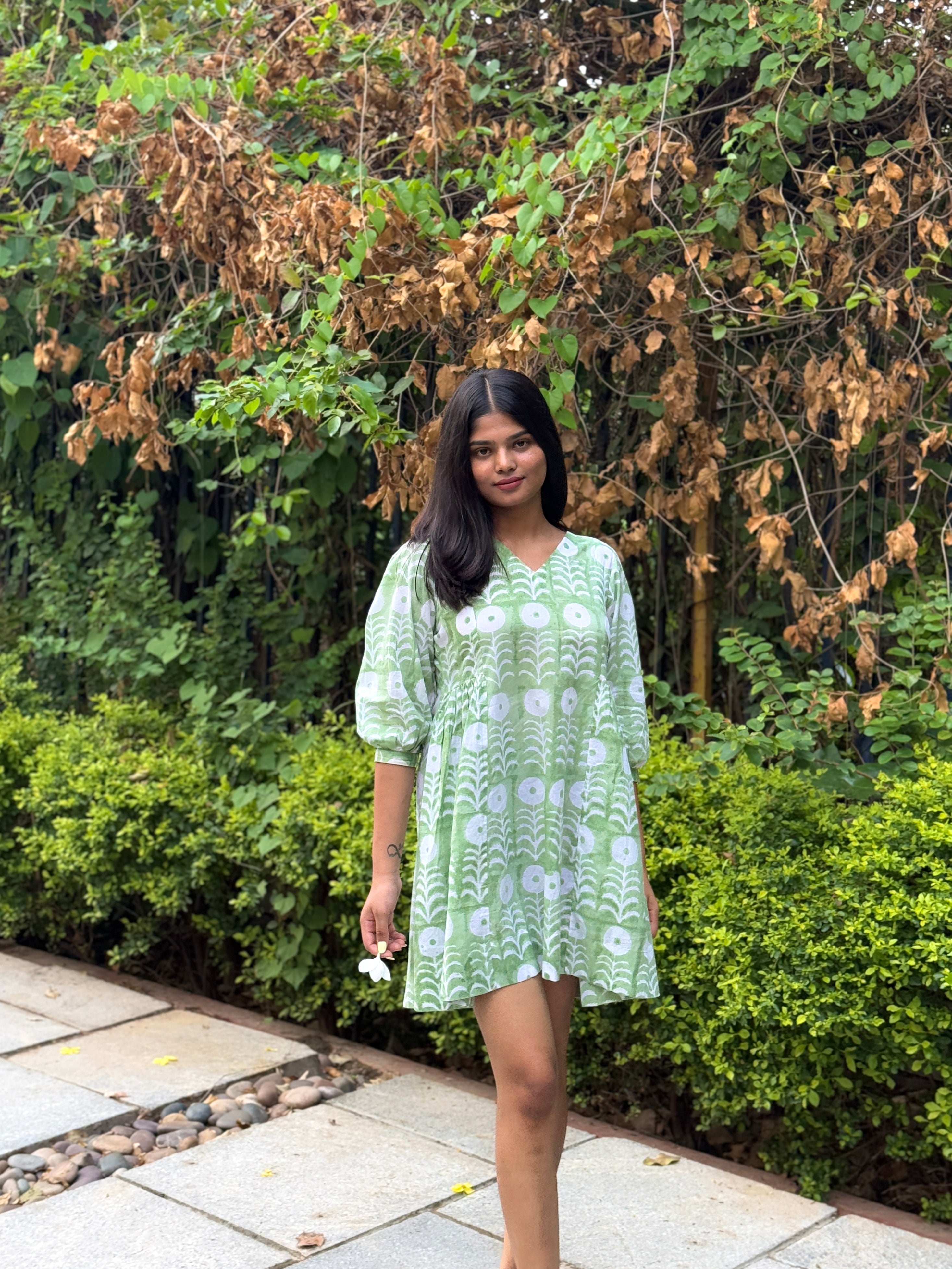 green hand block printed dress
