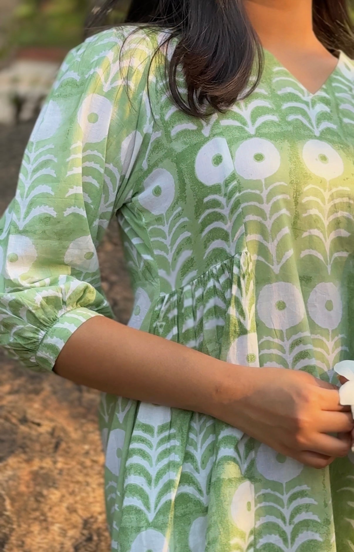 green hand block printed dress