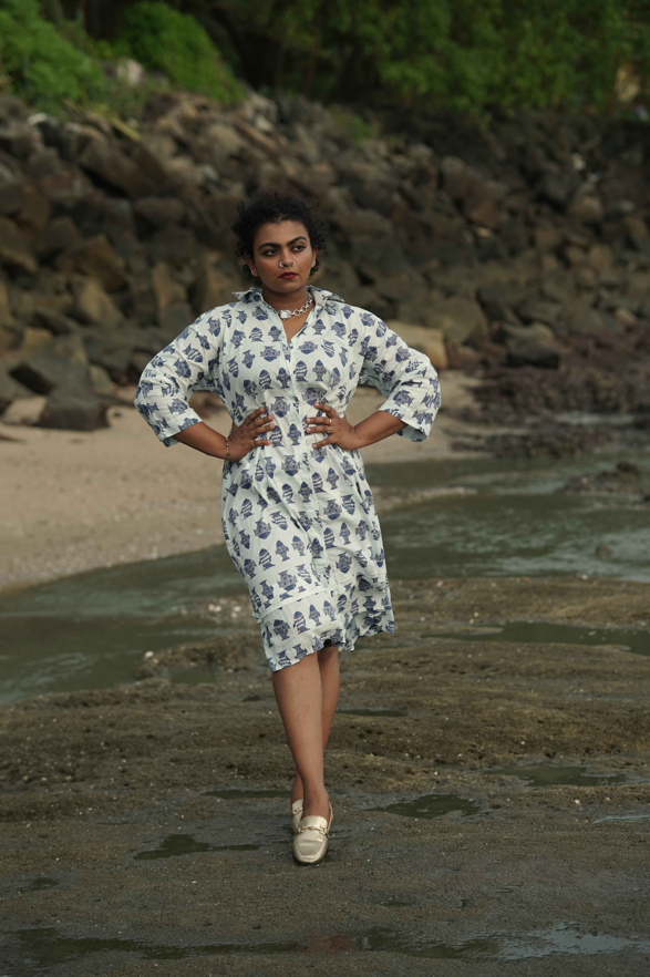 Fish-printed cotton shirt dress